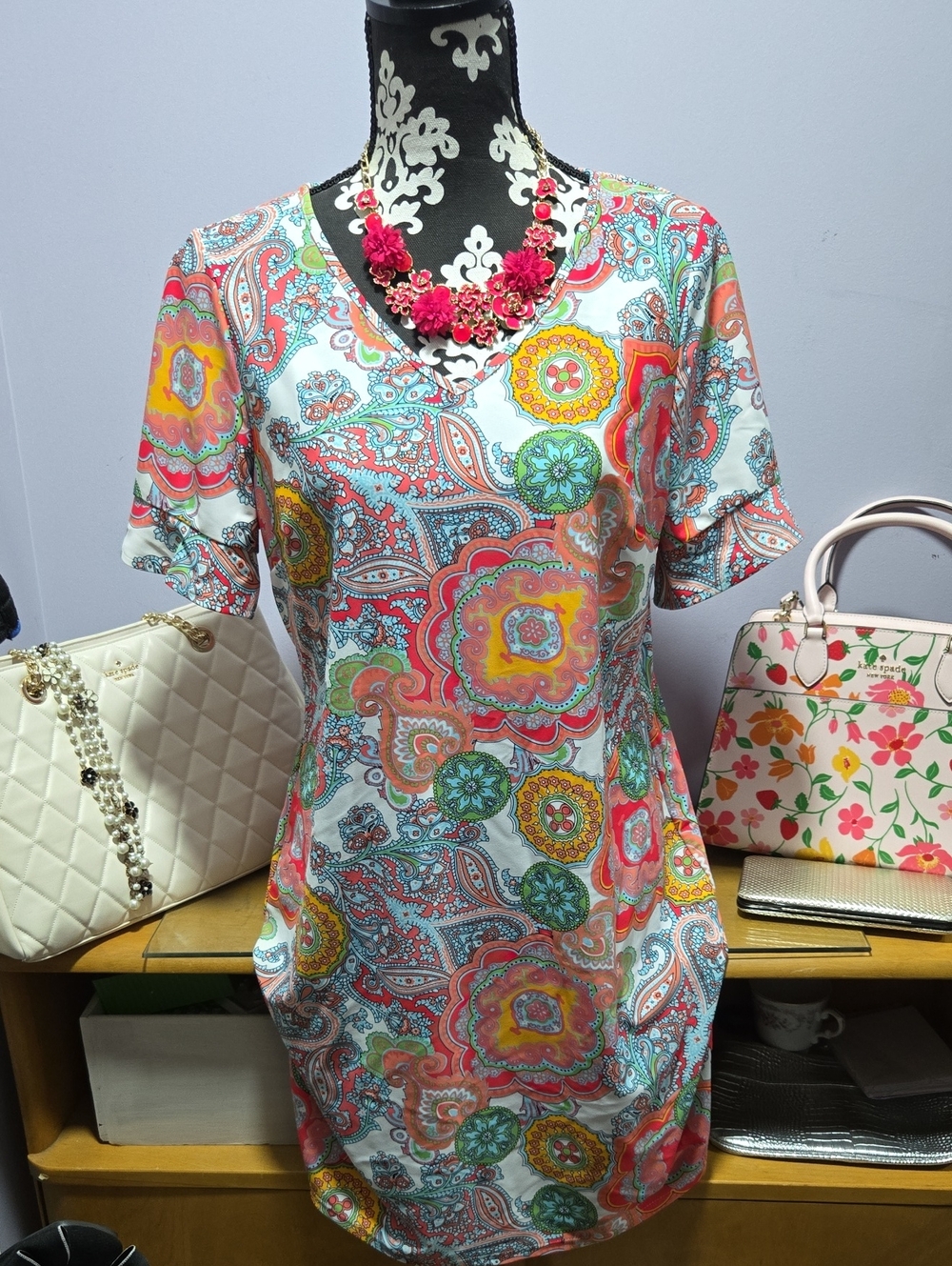 Jude Connally Coral, Yellow & Aqua Paisley V-Neck Tunic